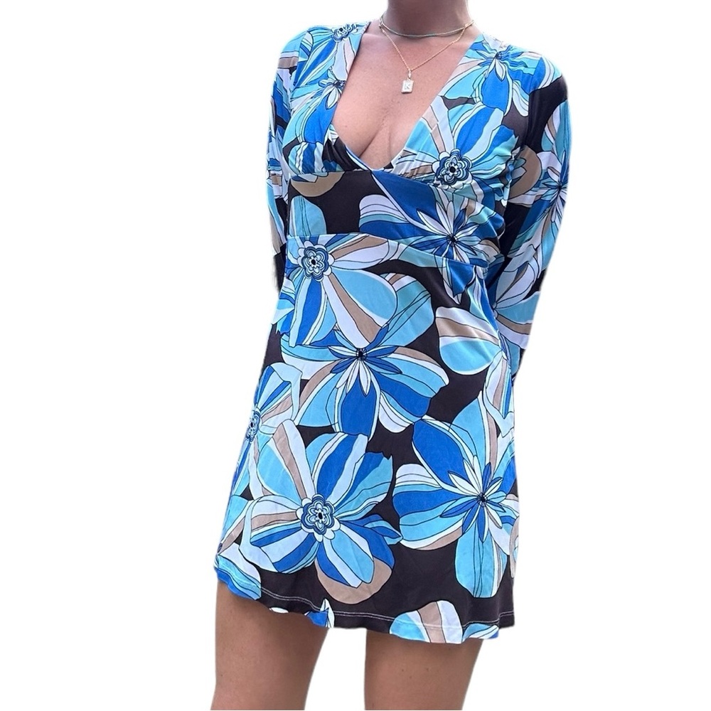 70s retro micro mini dress bright blue fun long sleeve hippie costume dress
